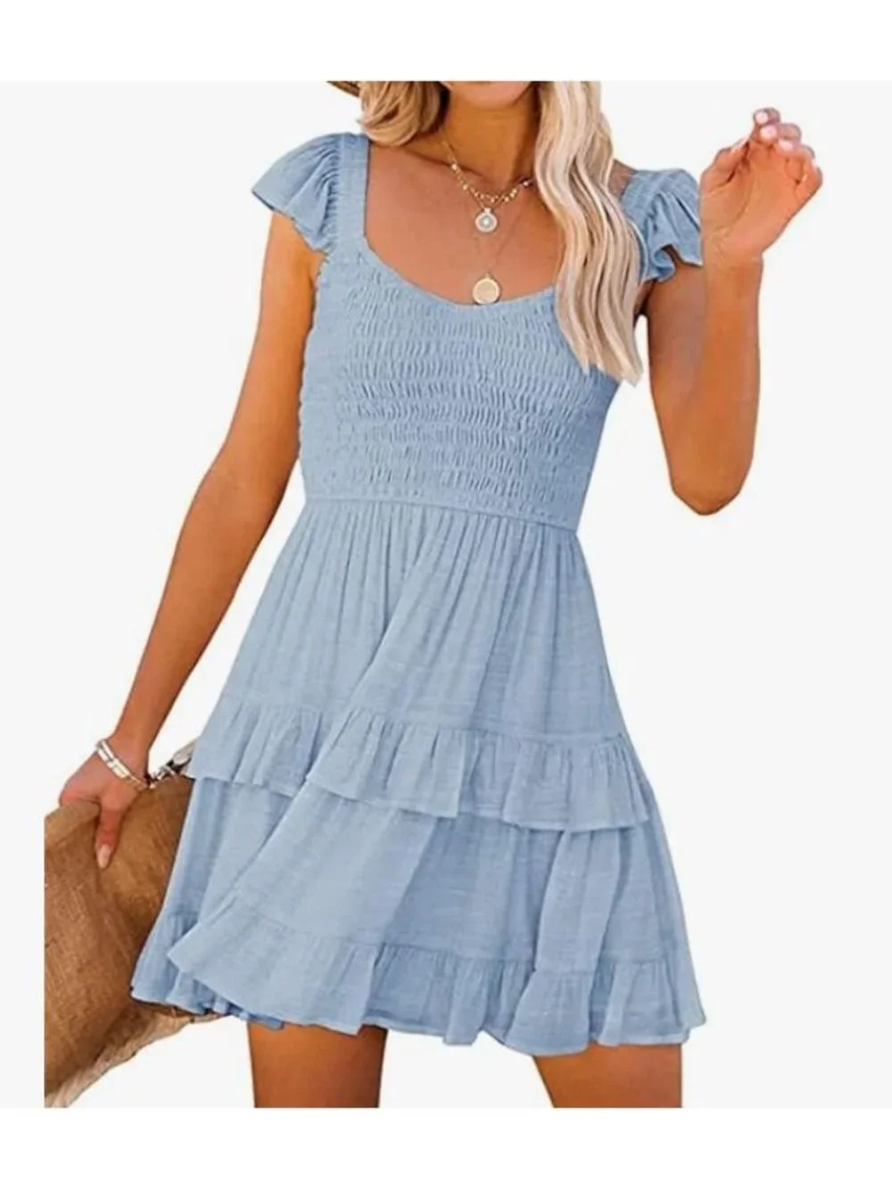Melliflo Ruffle Strap Babydoll Smocked Mini Sundress-Light Blue-Small-GUC - Picture 1 of 7